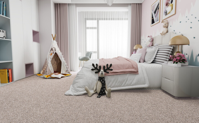 colorful child's bedroom with beige carpet and pink accents